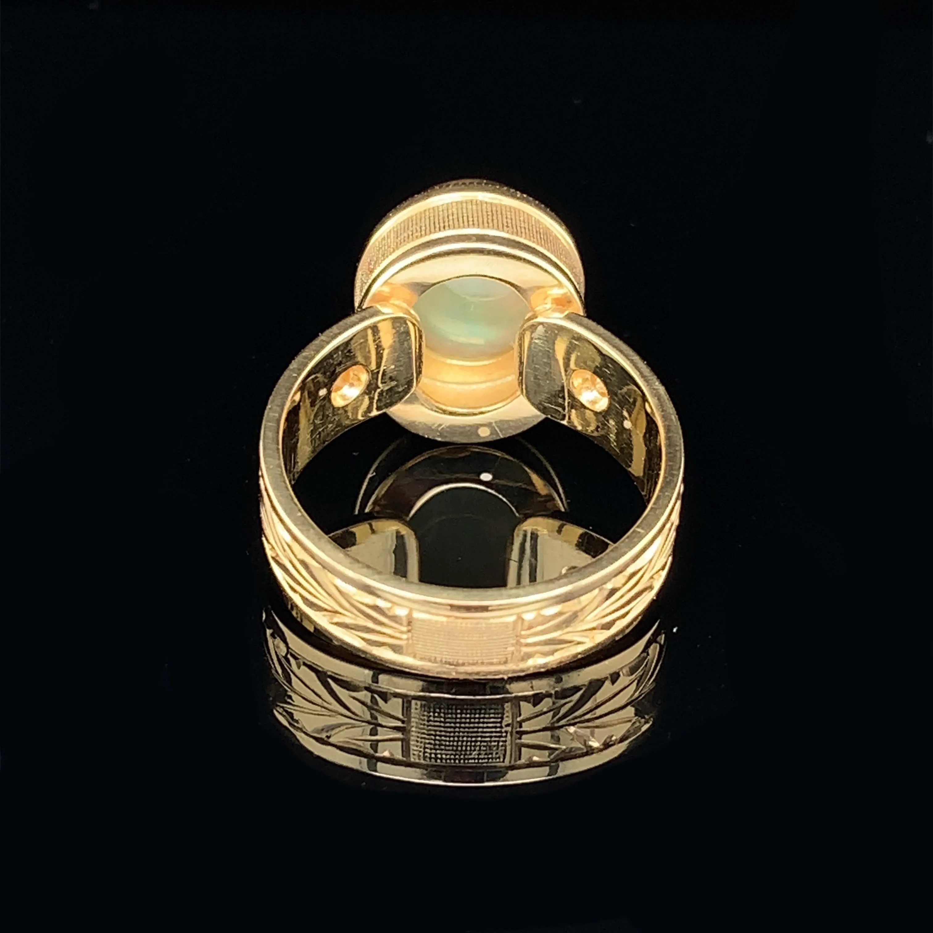 1.88 Carat Lightening Ridge Opal and Diamond Yellow Gold Engraved Dome Band Ring