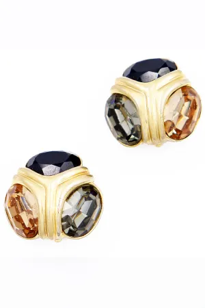 1980s Ciner Vintage Gold Earrings With Multi Colored Crystals
