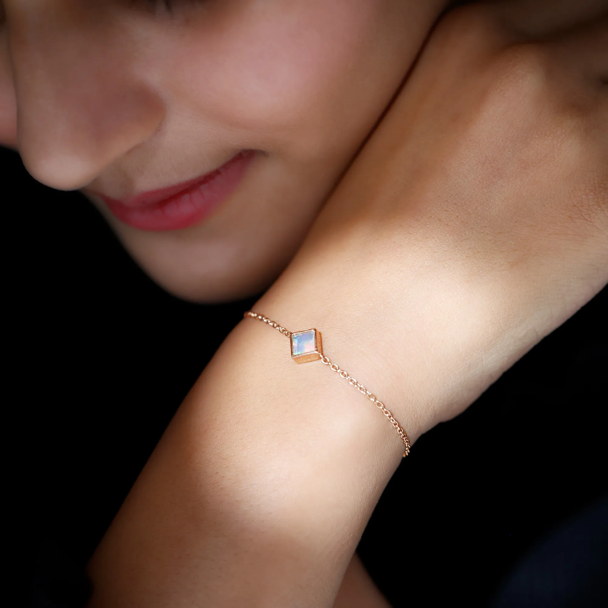 3/4 CT Minimal Princess Cut Ethiopian Opal Solitaire Chain Bracelet