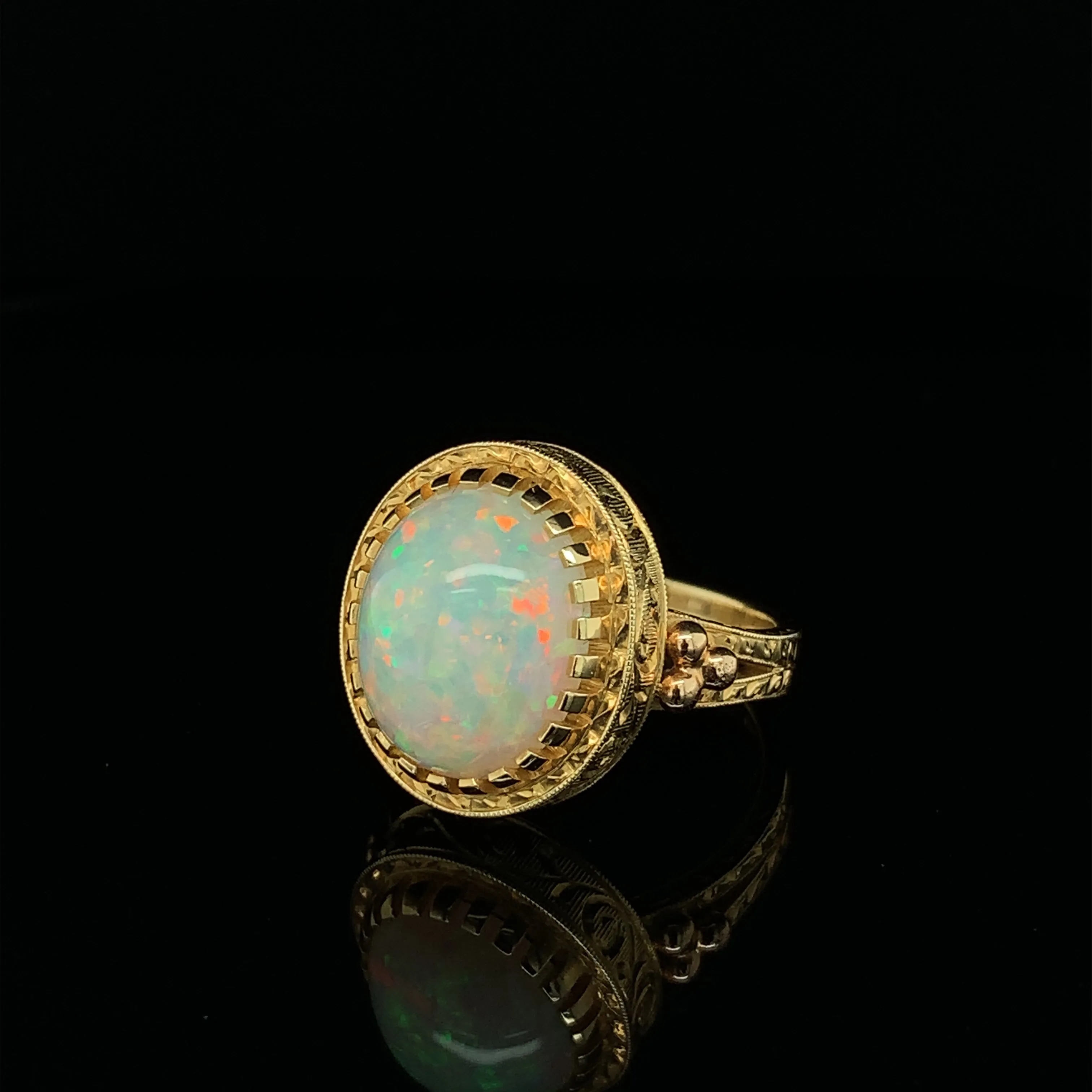 4.30 Carat Opal, Yellow Gold, Handmade Engraved Dome Solitaire Dome Band Ring
