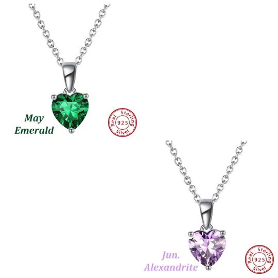925 Sterling Silver Heart Birthstone Necklace