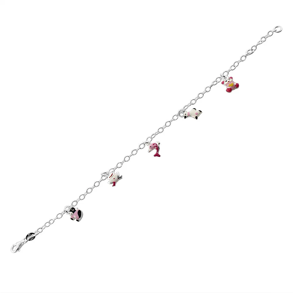 925 Sterling Silver Multicolor Enamel Animals Womens Girls Link Chain Bracelet