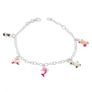 925 Sterling Silver Multicolor Enamel Animals Womens Girls Link Chain Bracelet