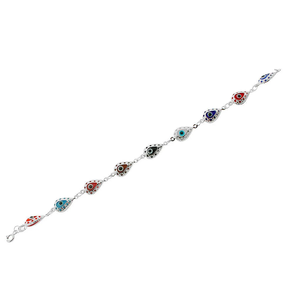 925 Sterling Silver Multicolor Evil Eye Protection Link Chain Bracelet