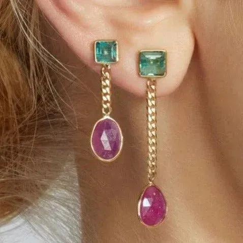 Asymmetrical Curb Chain Earrings, Ruby