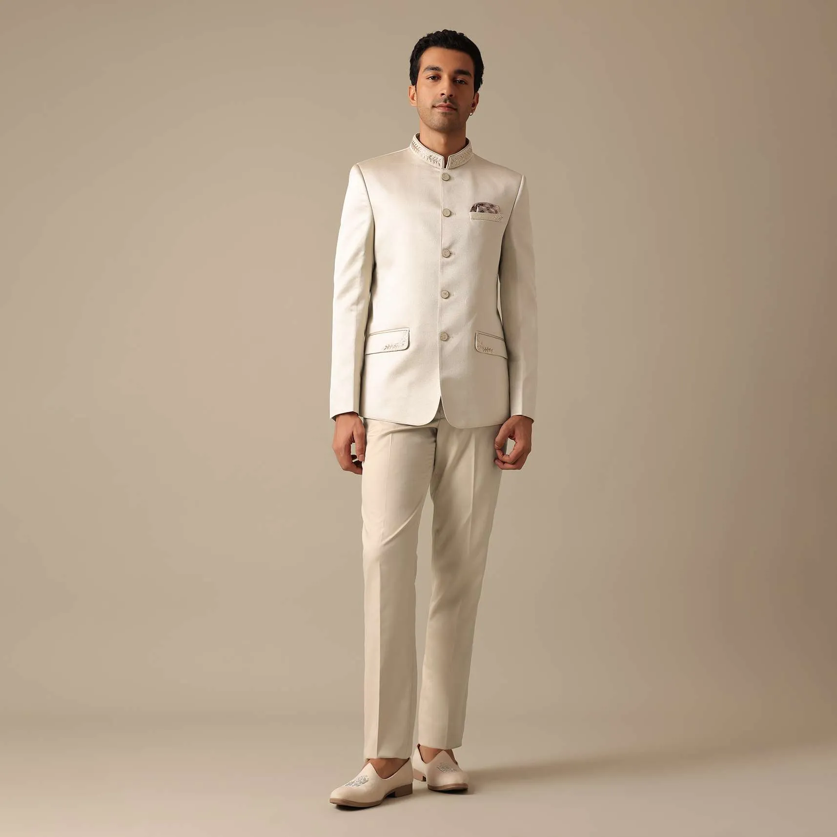 Beige Bandhgala Jodhpuri Pant Set With Embroidered Detail