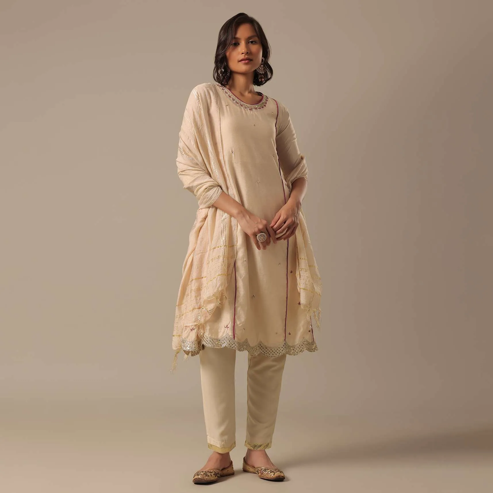 Beige Chanderi Pant Set With Sequin Kurta