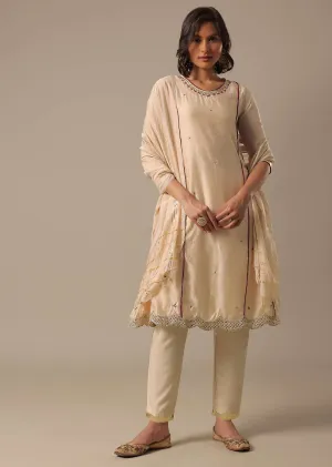 Beige Chanderi Pant Set With Sequin Kurta