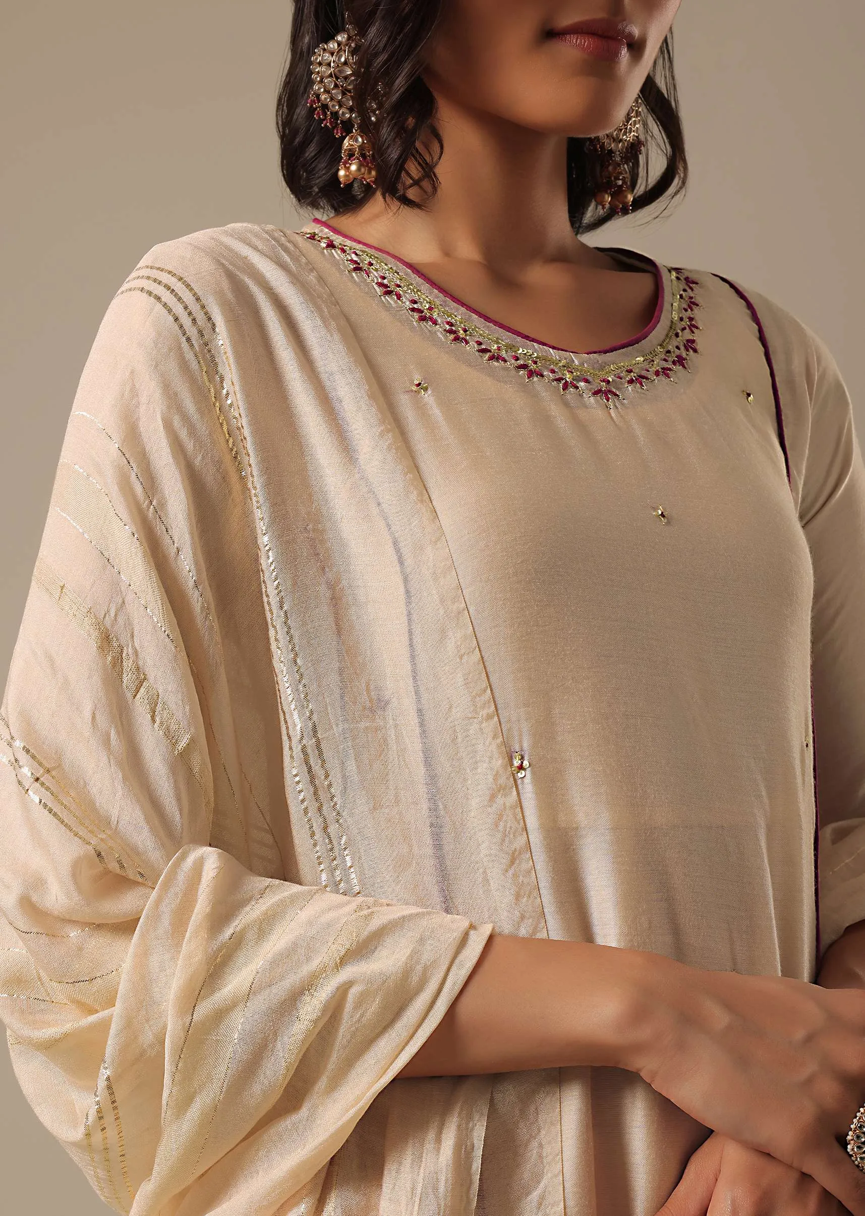 Beige Chanderi Pant Set With Sequin Kurta