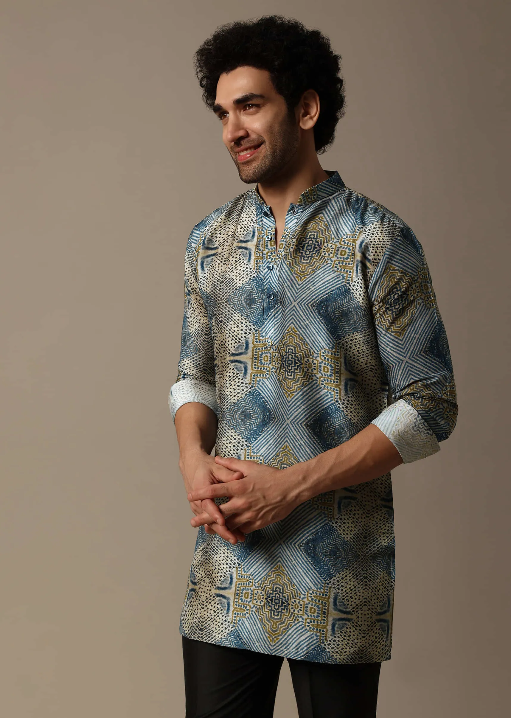 Blue Printed Silk Short Kurta Set For Men
