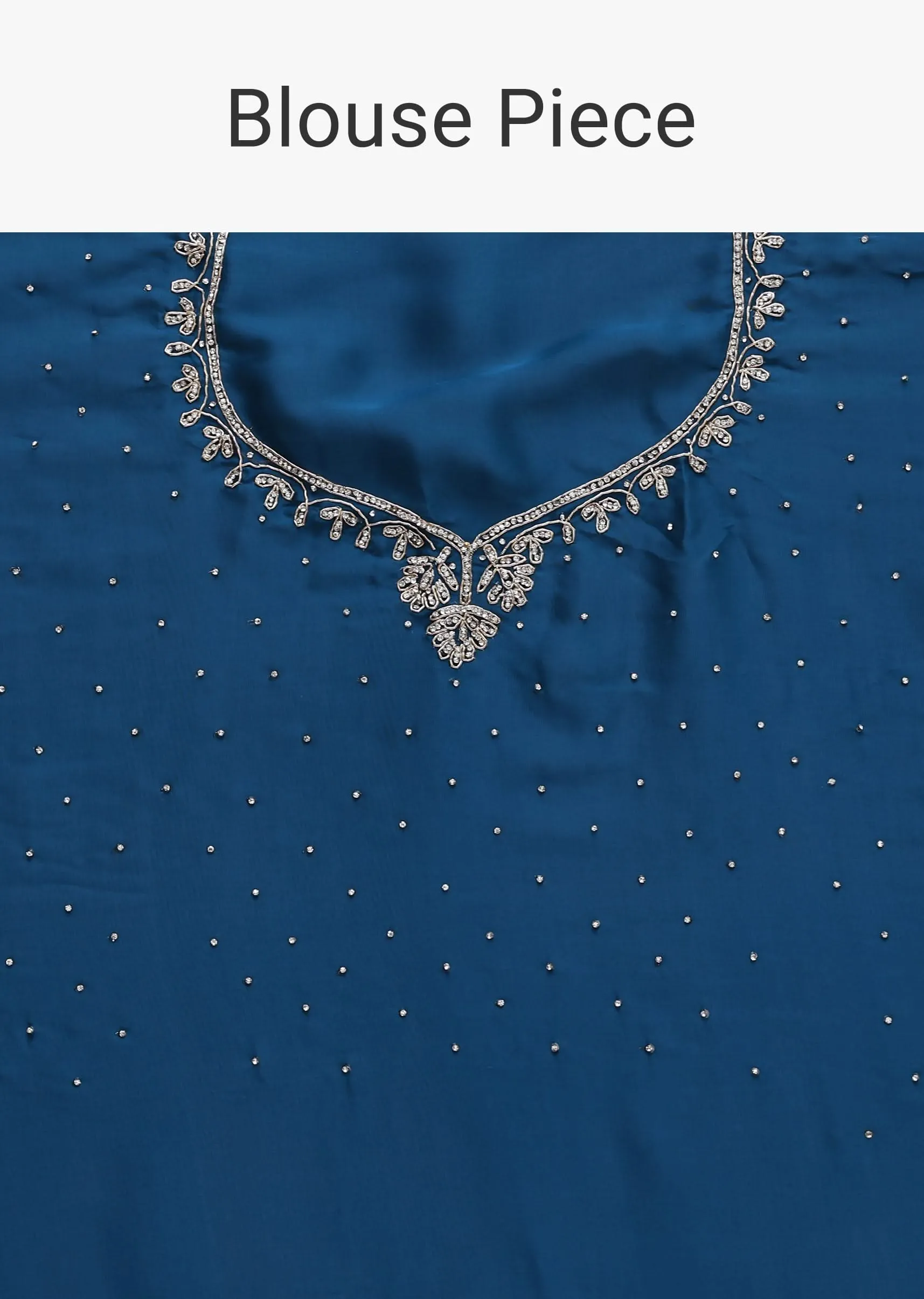 Blue Satin Saree With Stone Studded Border And Unstitched Blouse Piece