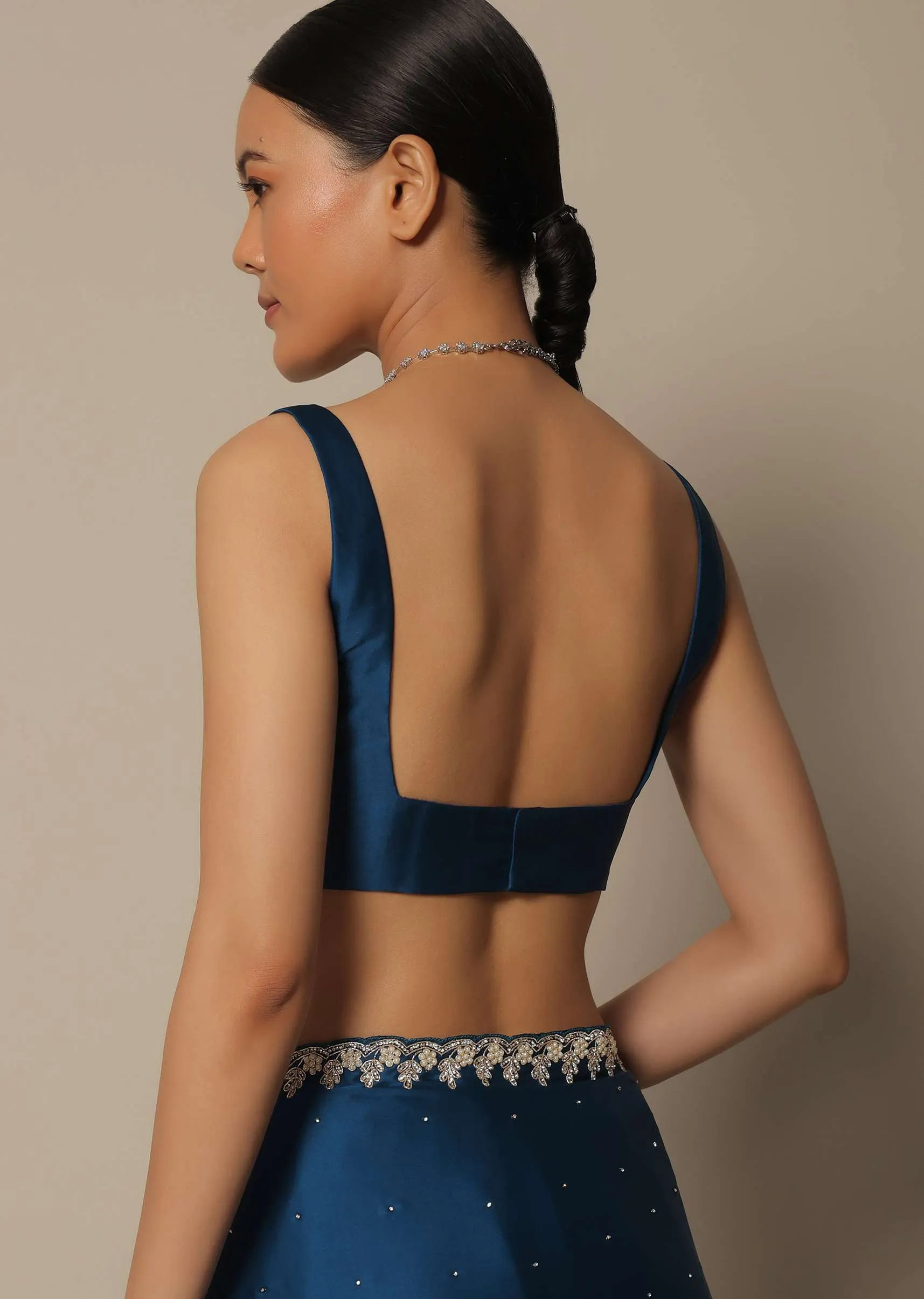 Blue Satin Saree With Stone Studded Border And Unstitched Blouse Piece