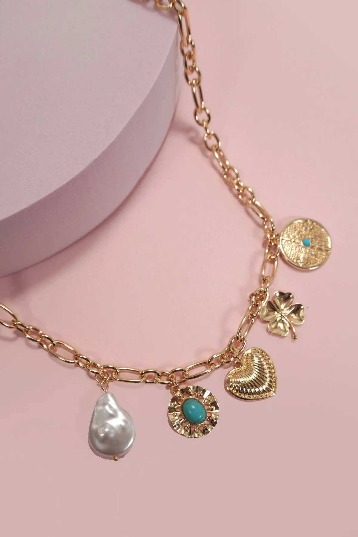 Boho Gold and Turquoise 5-Charm Statement Necklace