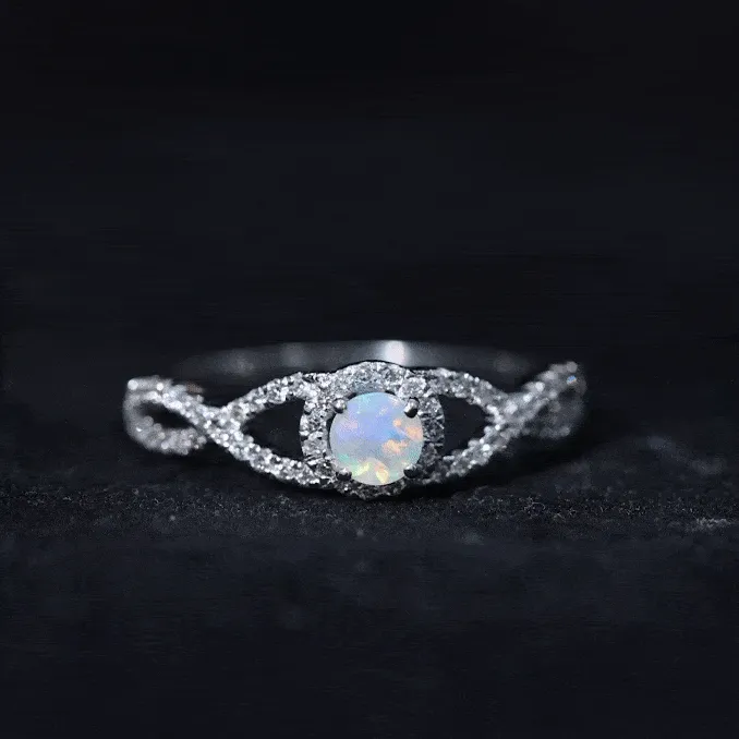 Criss Cross Shank Ethiopian Opal and Diamond Halo Engagement Ring