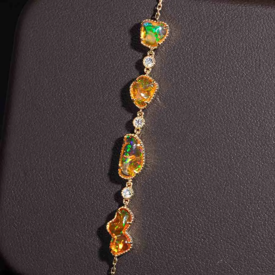 Free Shape Mexican Fire Opal Diamond Bracelet in 18K Yellow Gold