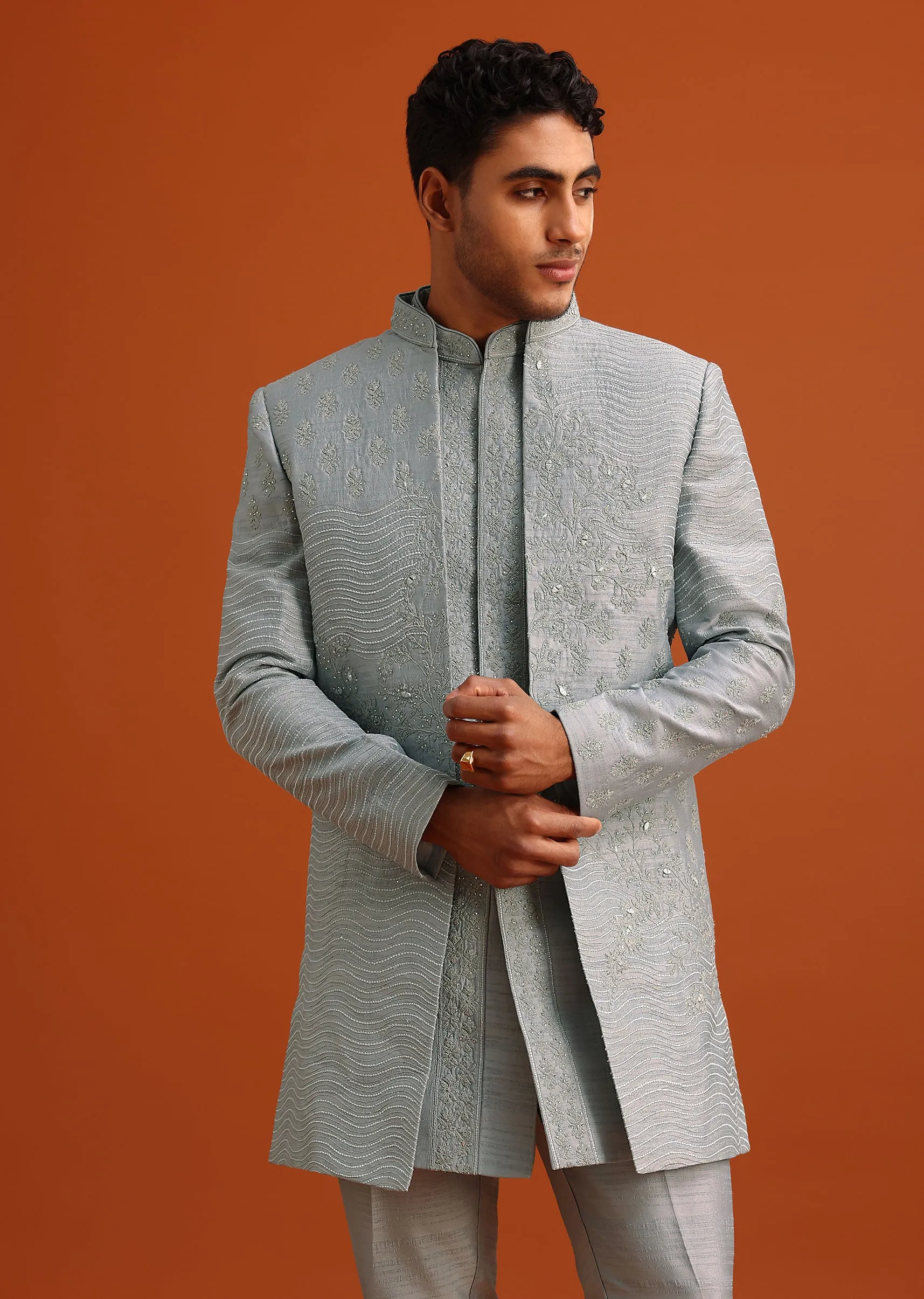 Grey Cotton Silk Sherwani Set With Resham Work