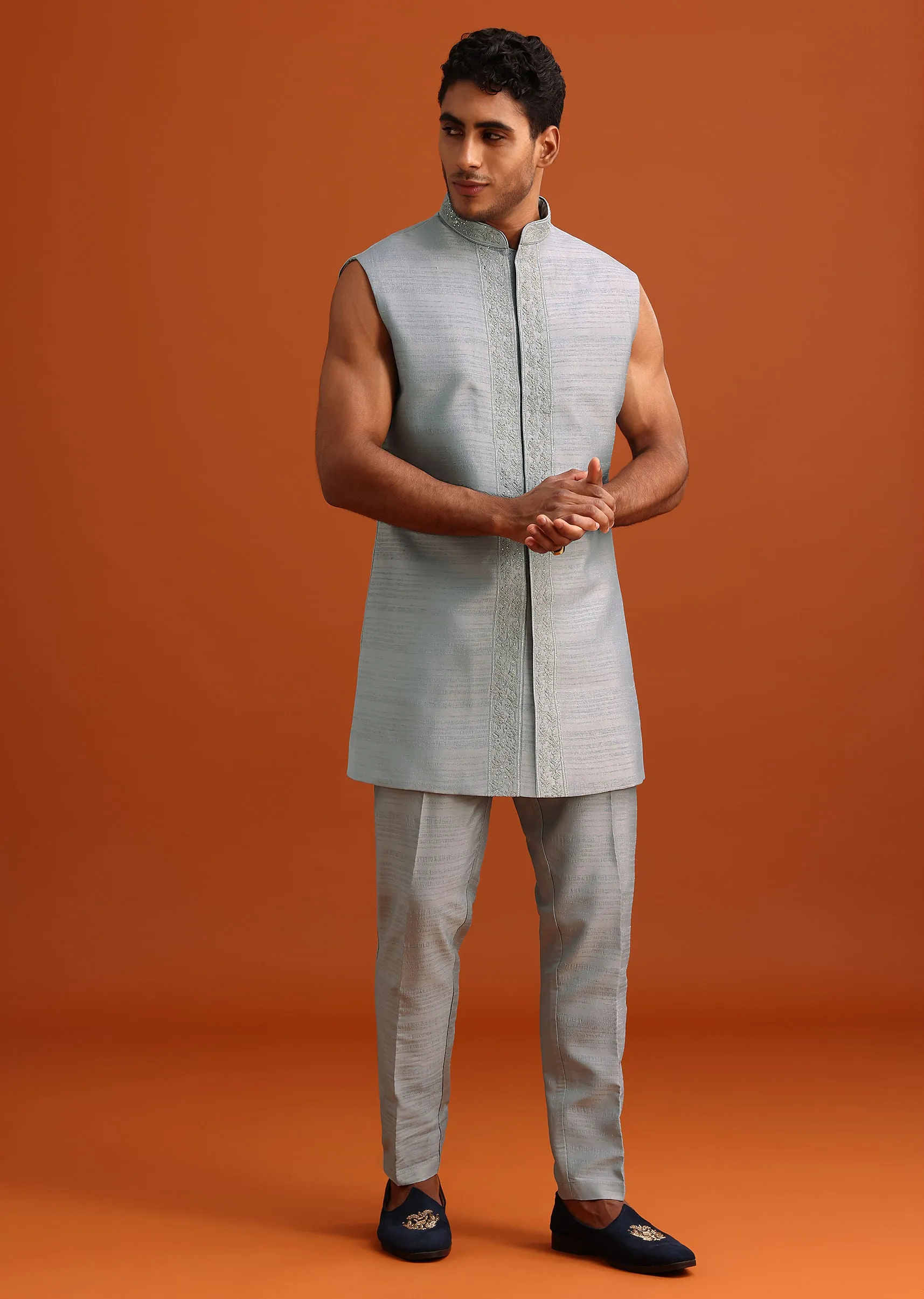Grey Cotton Silk Sherwani Set With Resham Work