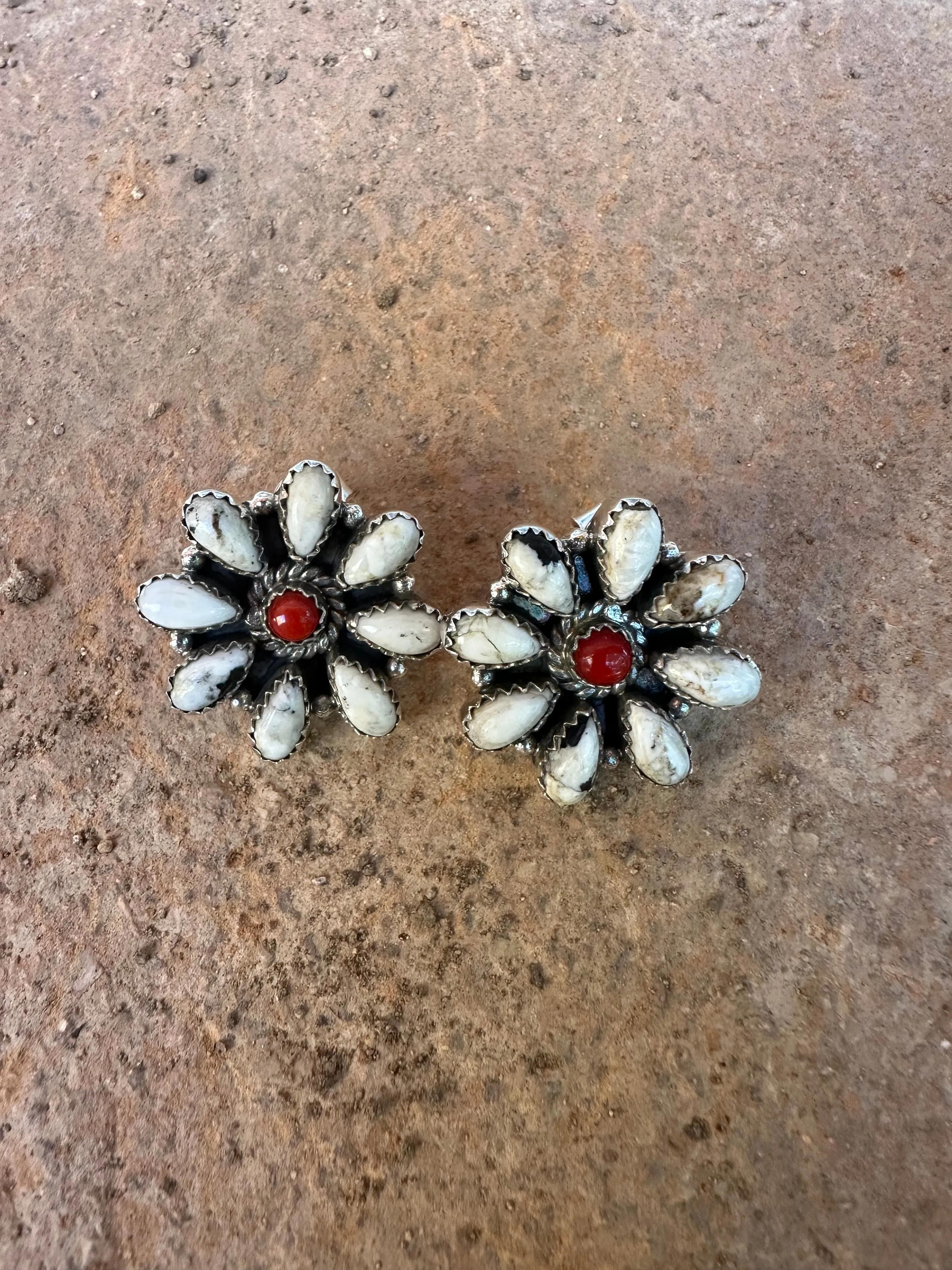 Handmade White Buffalo, Coral & Sterling Silver Cluster Earrings Signed Nizhoni