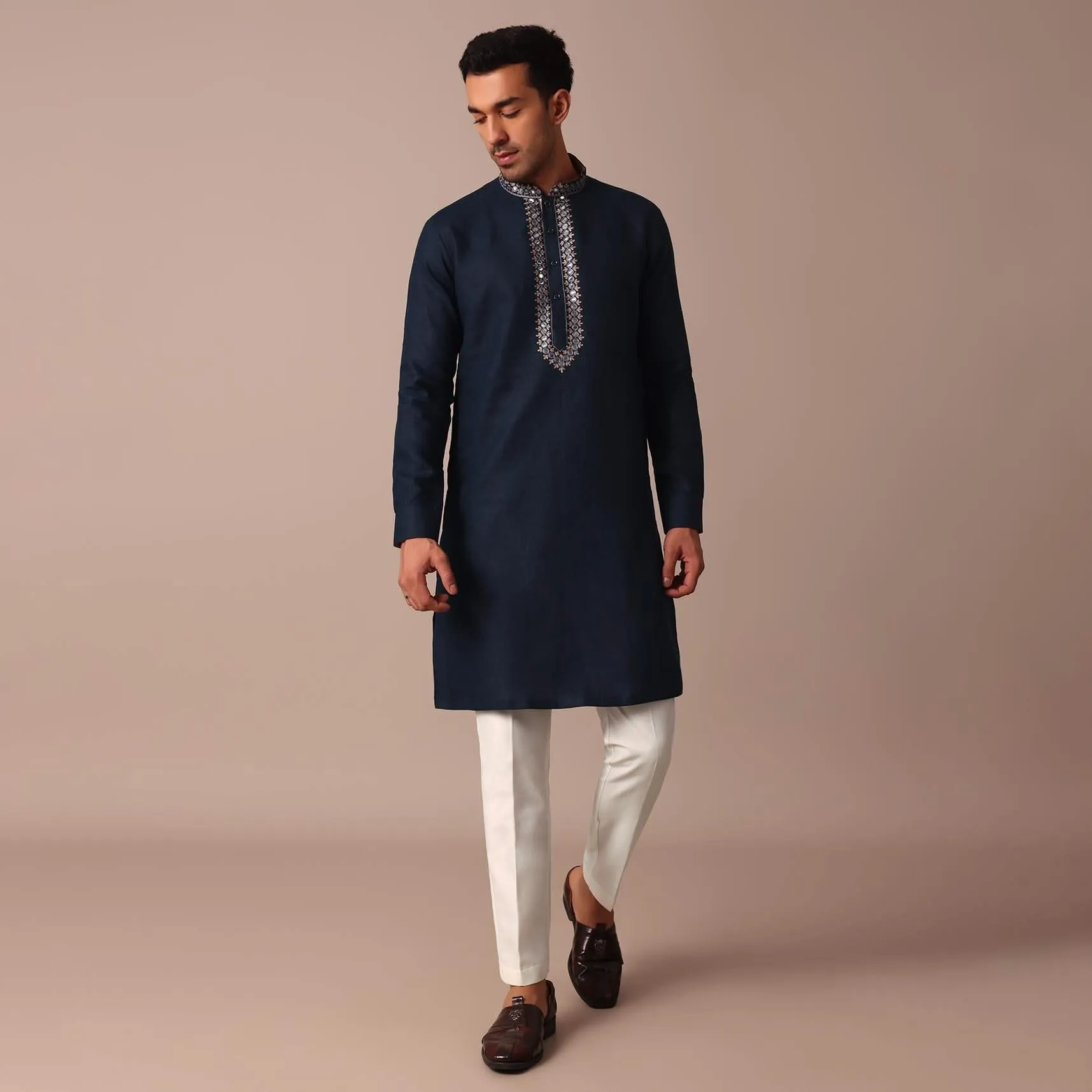 Navy Blue Embroidered Kurta With Yoke Detail