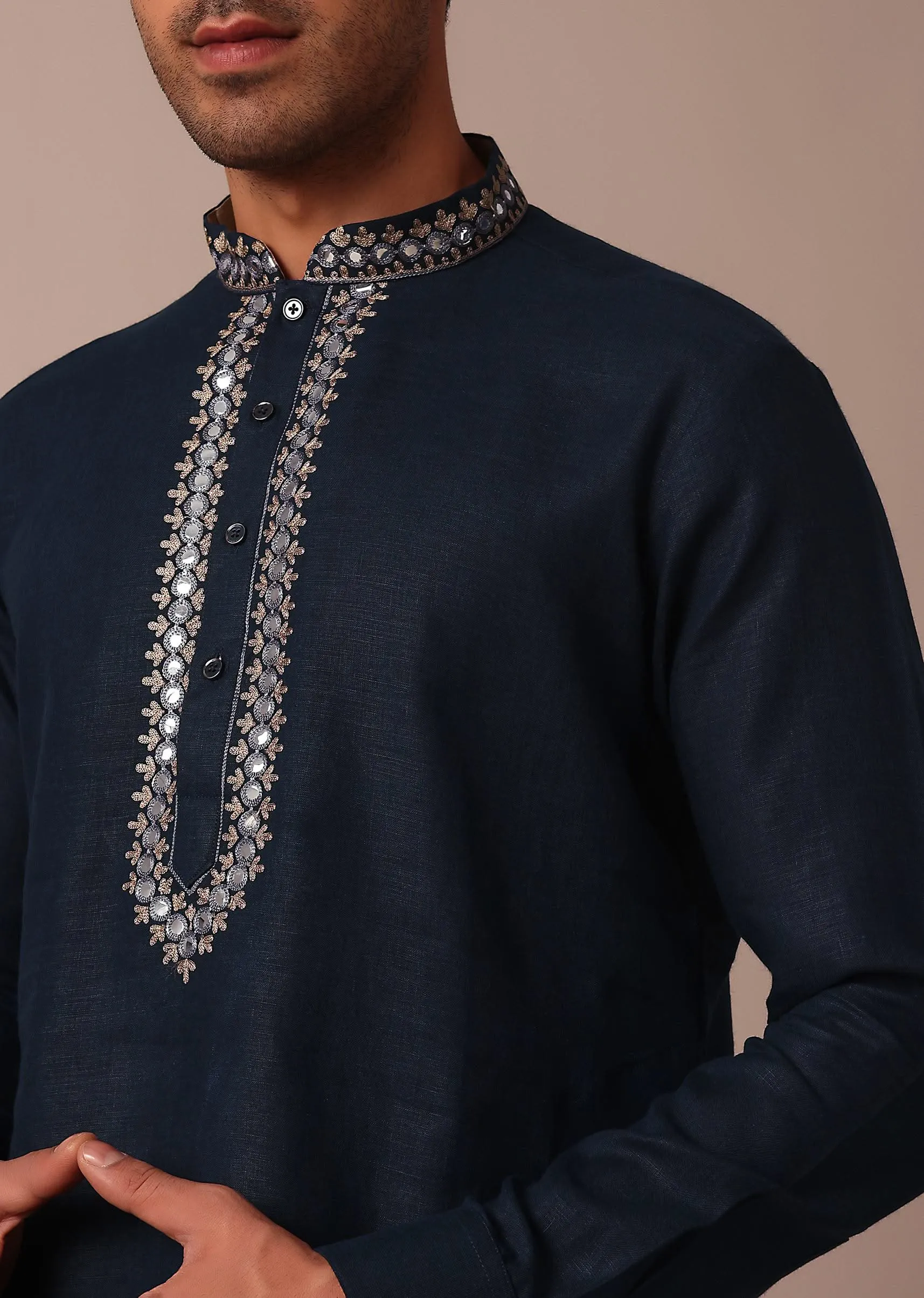 Navy Blue Embroidered Kurta With Yoke Detail