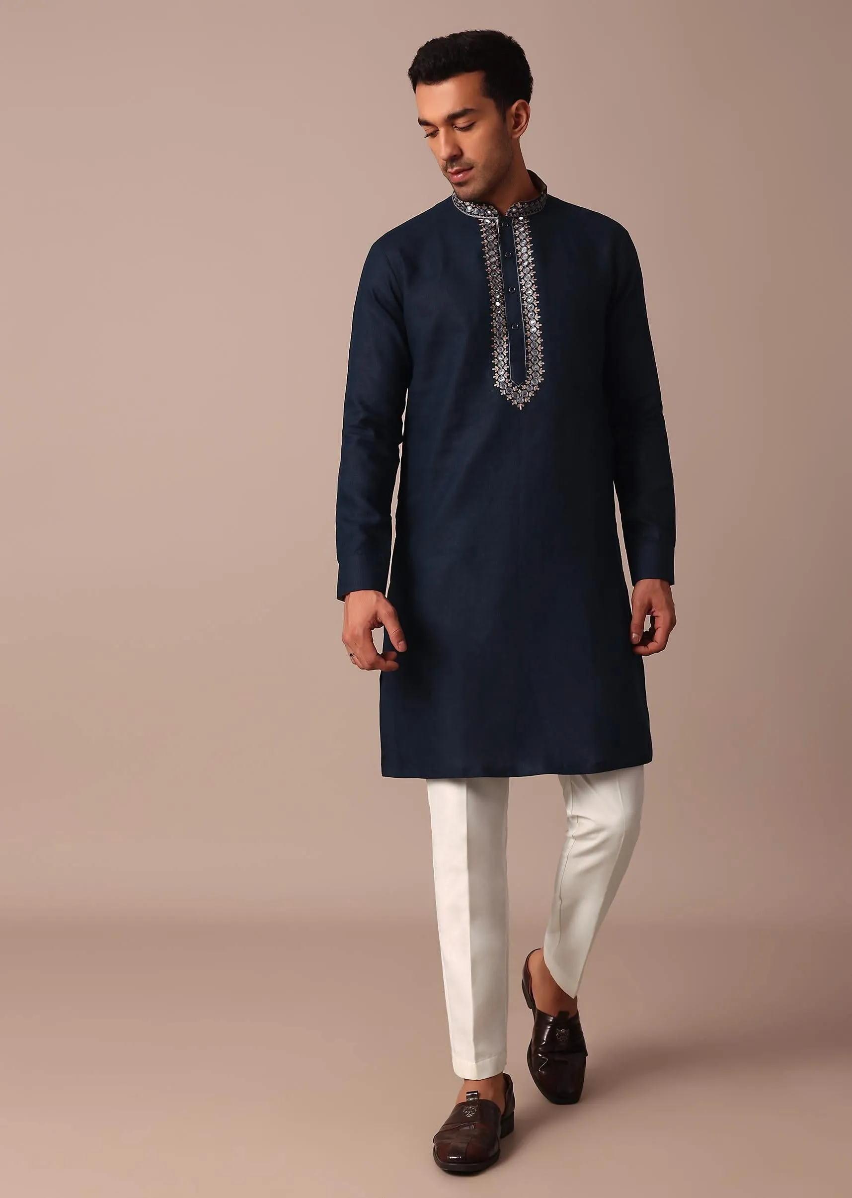 Navy Blue Embroidered Kurta With Yoke Detail