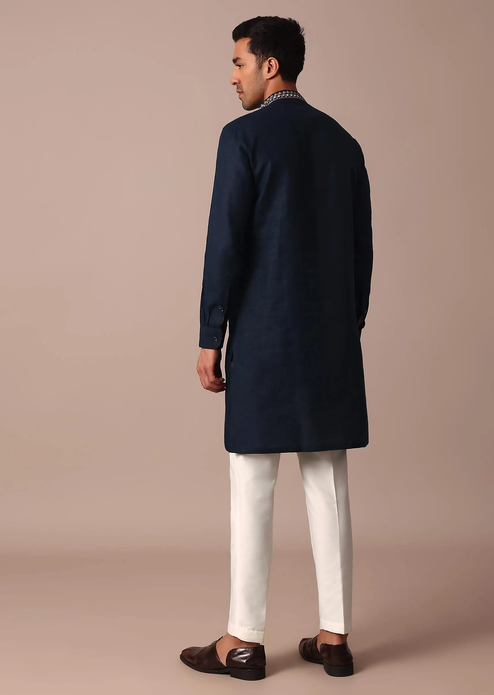 Navy Blue Embroidered Kurta With Yoke Detail