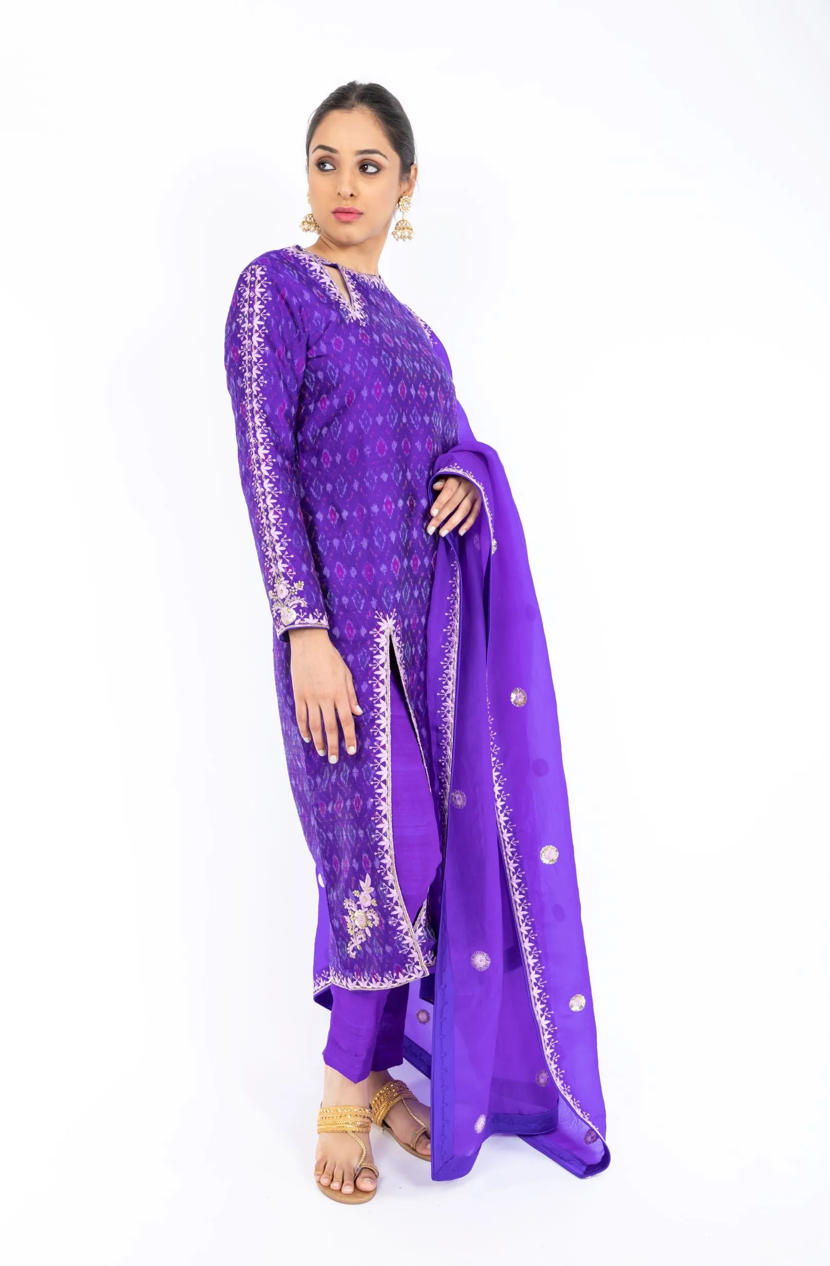 Opulent Pigment Violet Ikkat Raw Silk Handloom Salwar Kameez
