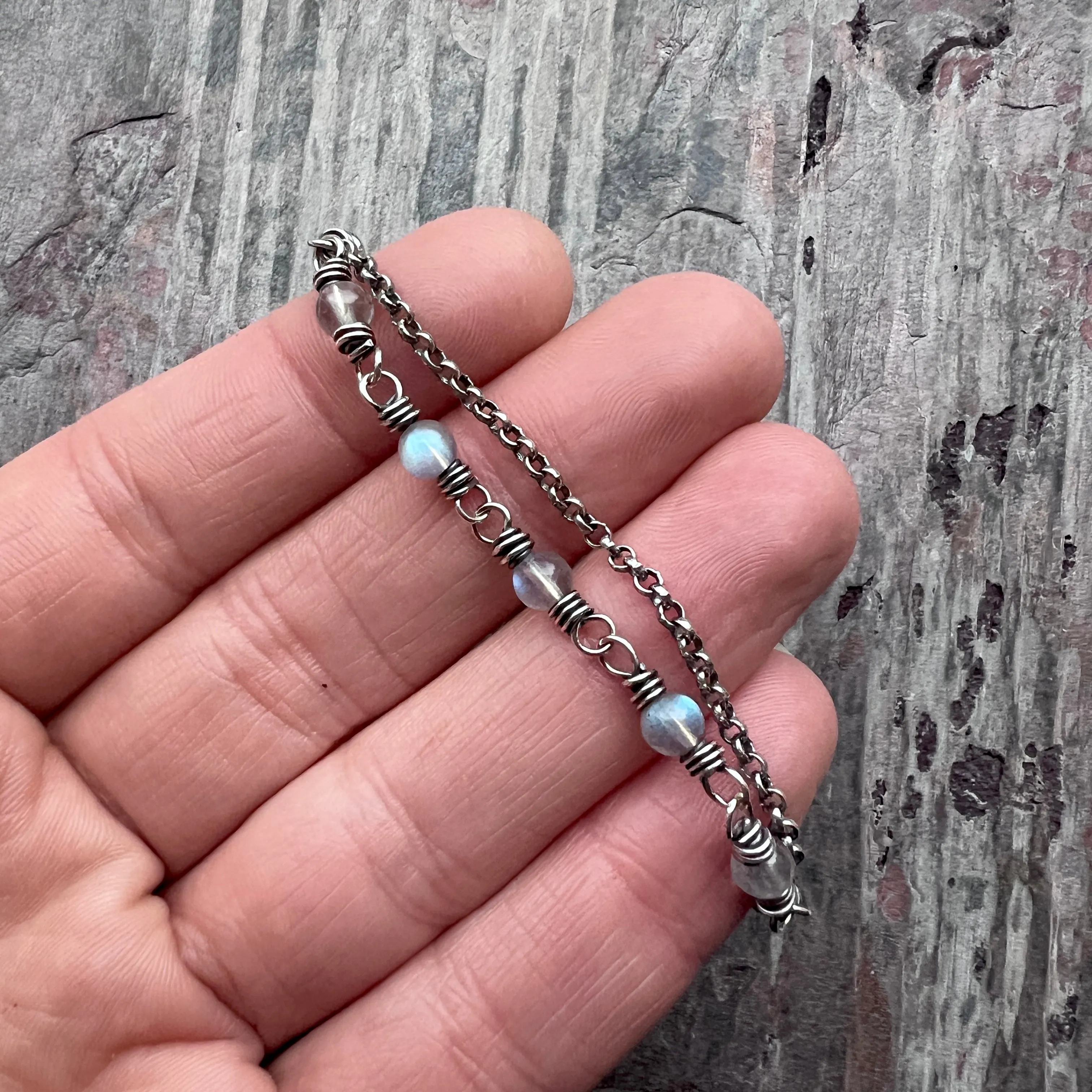 Sterling Silver Labradorite Bracelet | Beaded Natural Stone Adjustable Bracelet