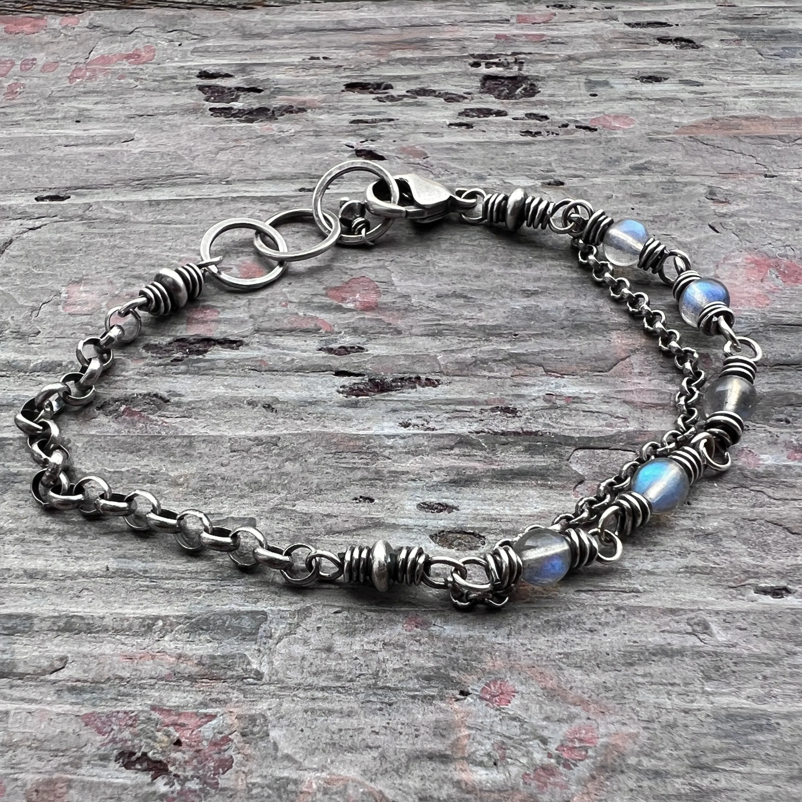 Sterling Silver Labradorite Bracelet | Beaded Natural Stone Adjustable Bracelet