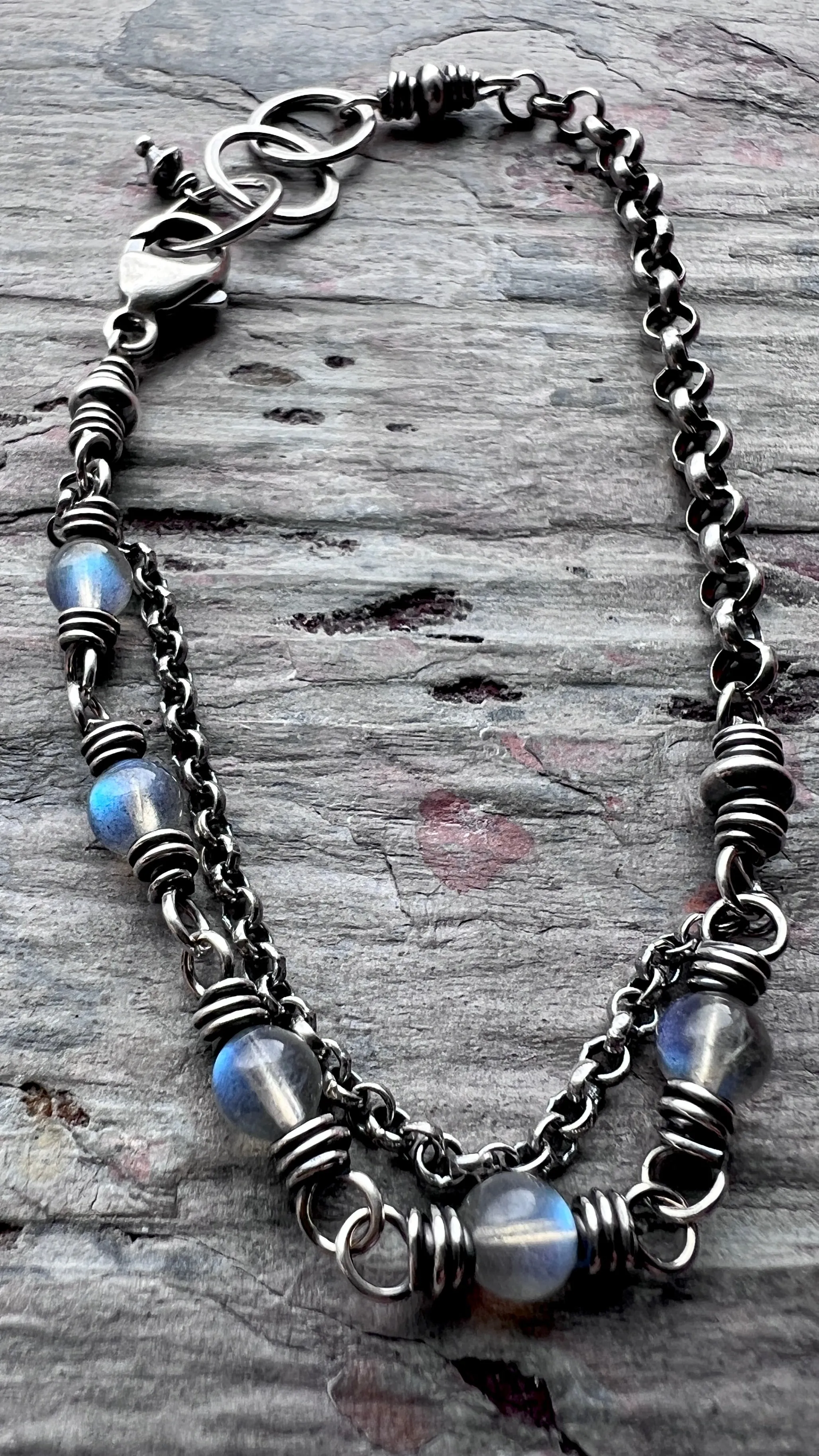 Sterling Silver Labradorite Bracelet | Beaded Natural Stone Adjustable Bracelet