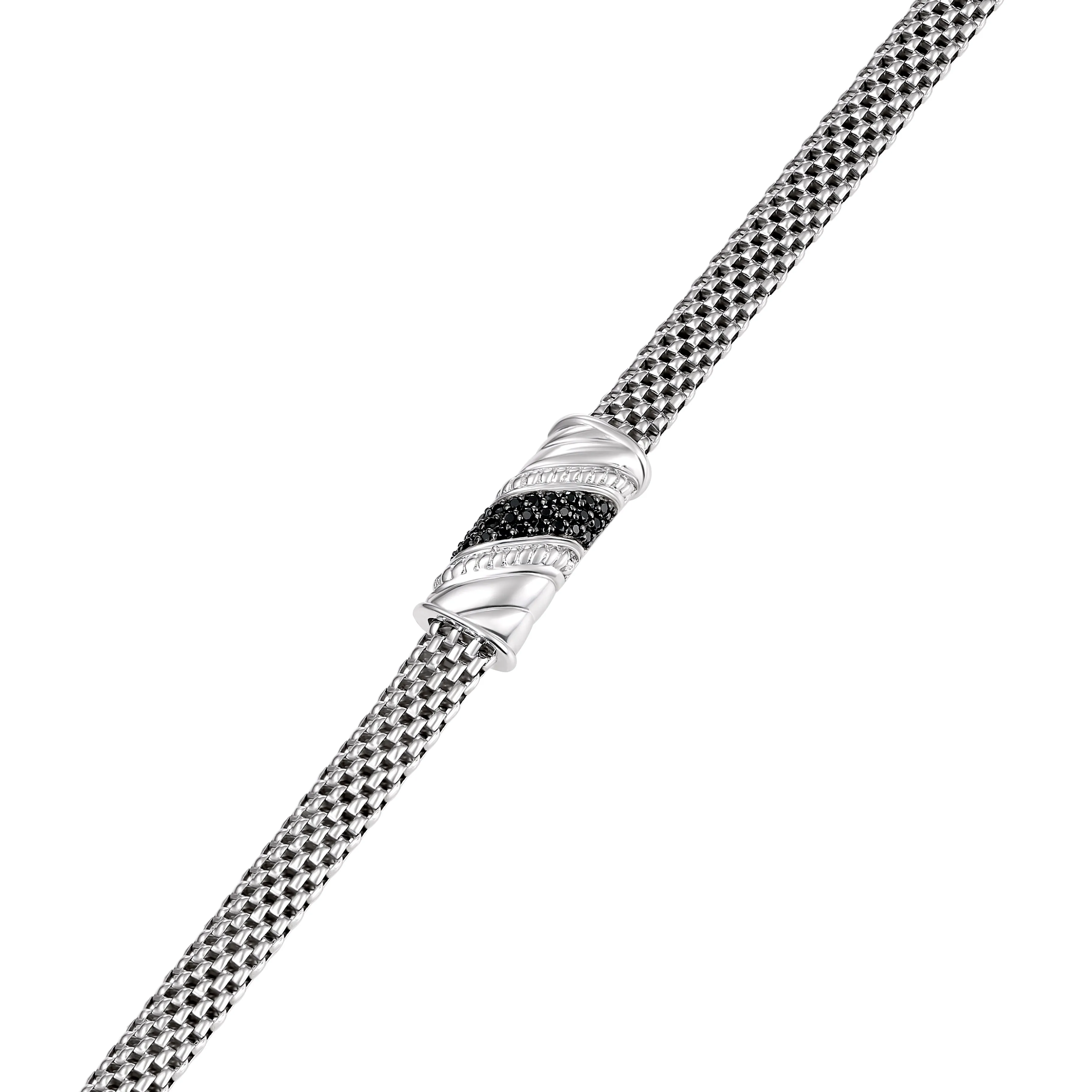 Sterling Silver Twisted Italian Bar Bracelet with Black Stones