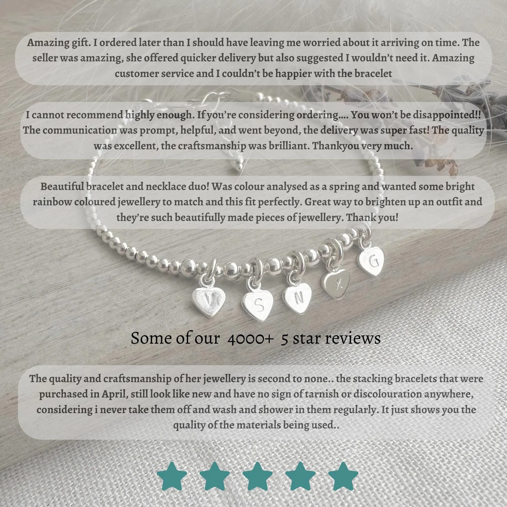 Tiny Sterling Silver Hearts Personalised Bracelet with Family Initials