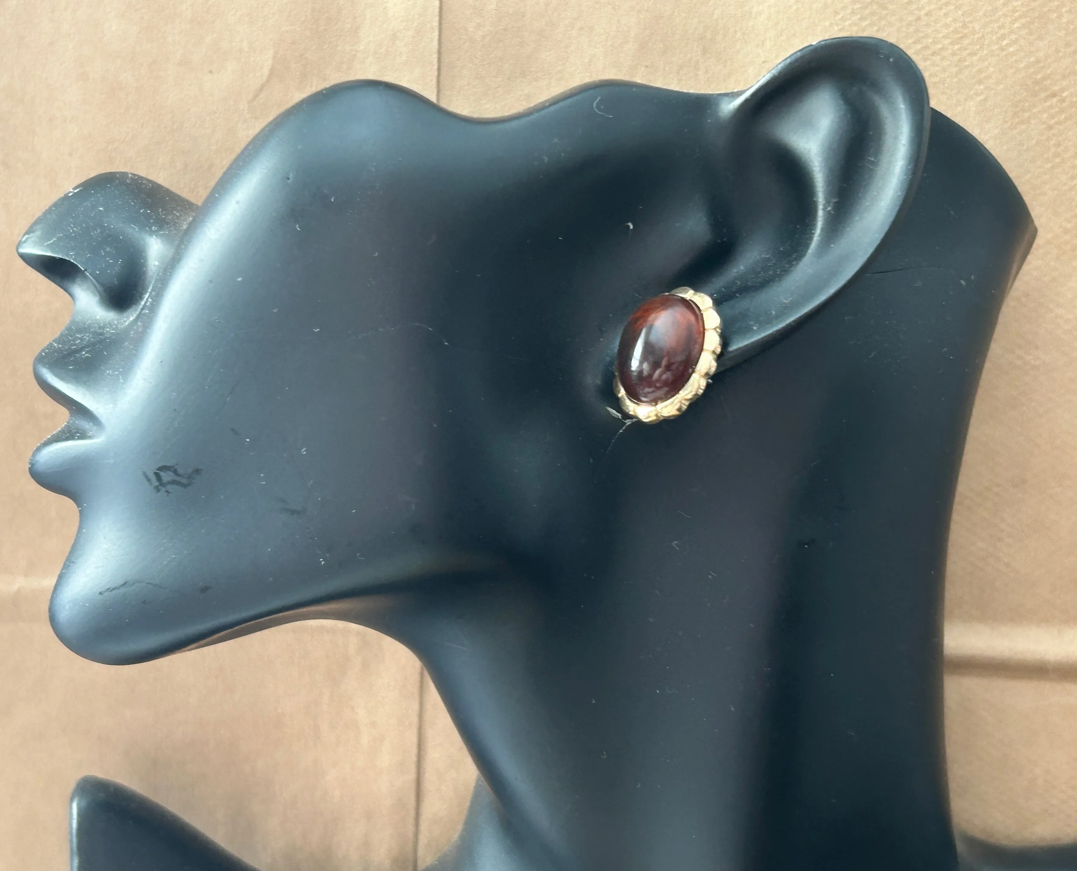 Vintage Gold Tone Oval Faux Amber Cabochon Pierced Earrings