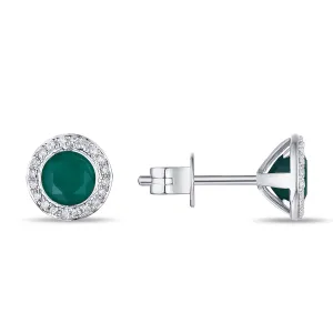 White Gold Green Agate and Diamonds Stud Earrings